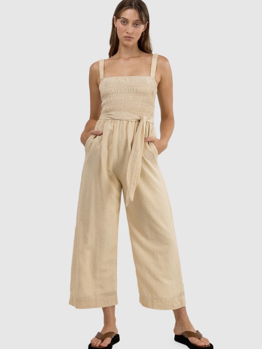 Rhythm Harlow jumpsuit- yellow yarn dye stripe and a smocked Bodice